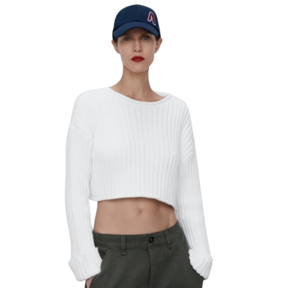Zara White Ribbed Cropped Knit Sweater Bell Sleeve Size Medium